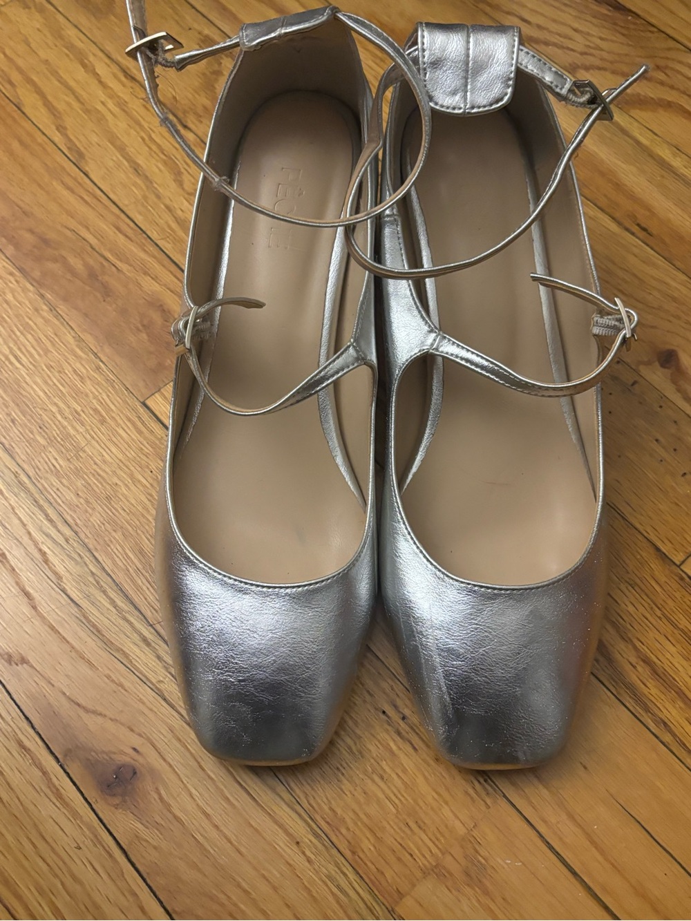 Metallic Square-Toe Ankle-Strap Flats in Silver